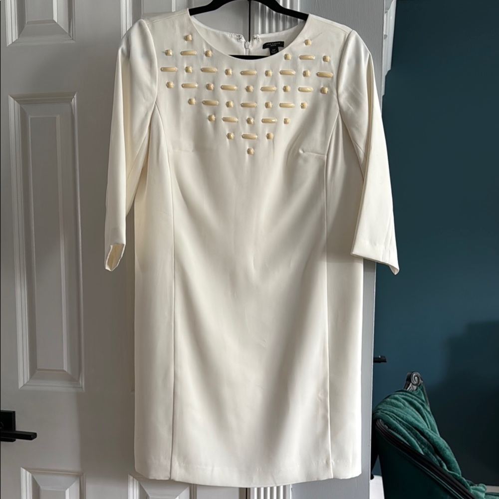 Ann Taylor Cream Sheath Dress with Embellished Crew Neck
